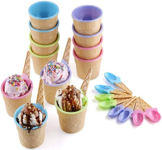 Kids Child Cute Cartoon Cone Ice Cream Bowl Spoon Set Plastic Dessert Tableware - Pink Sounds Beauty